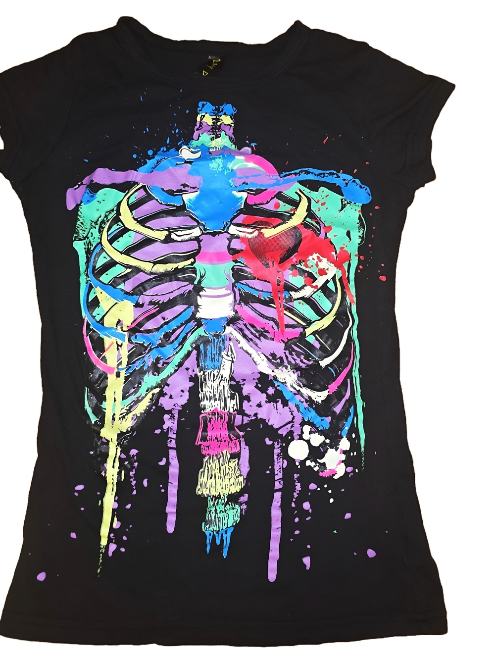 Living Dead Souls Black Fitted Graphic T-Shirt w Neon Skeleton Design Sz S